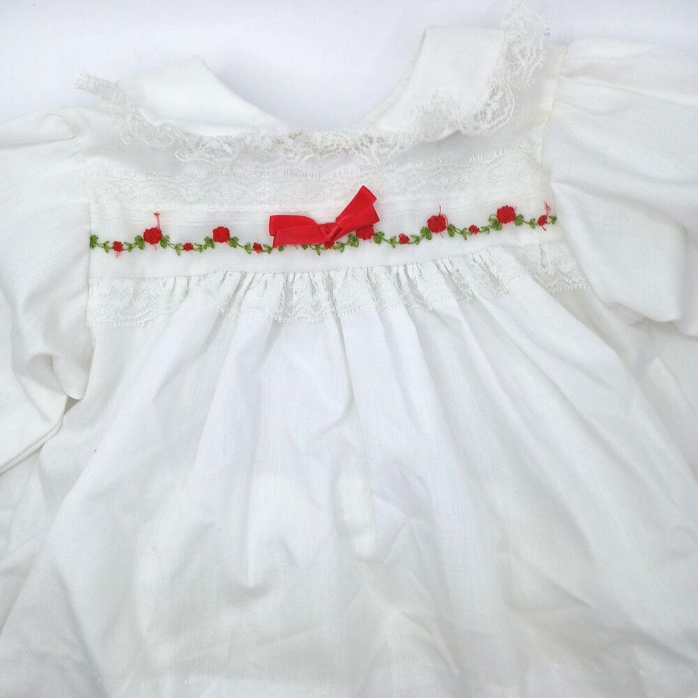 Vtg Alexis Baby Dress Set 0-3 months Red Green Trim White Dress Lace Bloomers US
